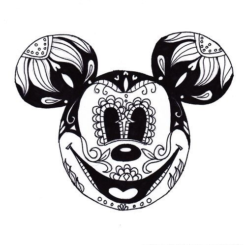 Cheerful black-and-white muerte Mickey Mouse face tattoo design