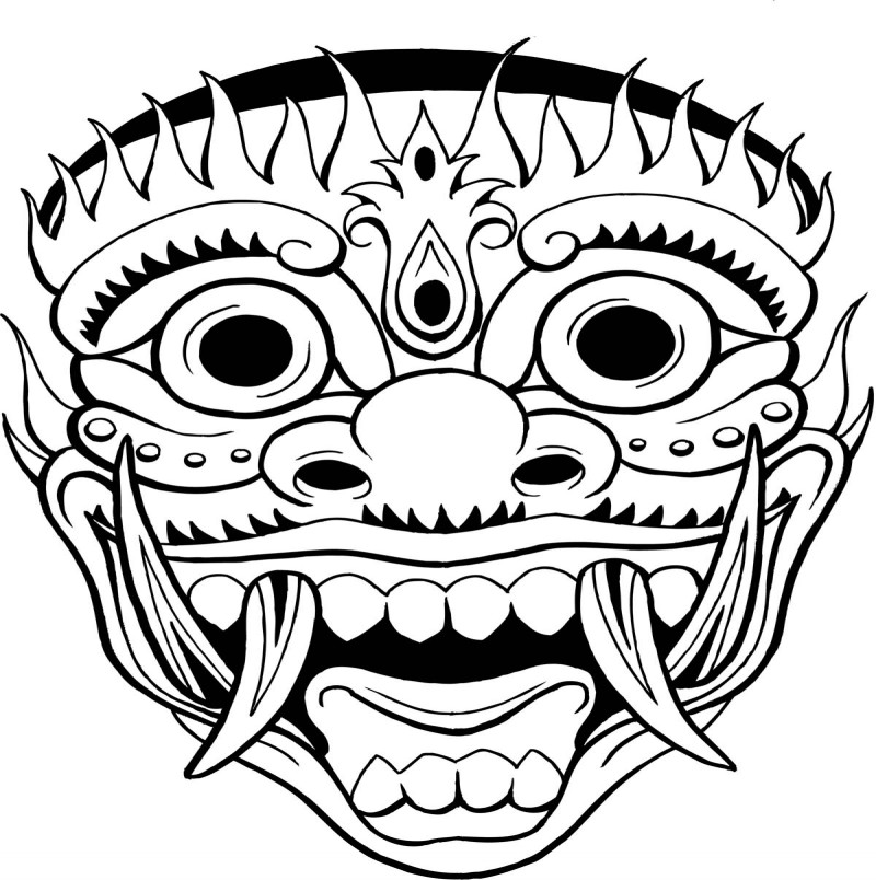 Design de tatuagem de máscara de demônio de lineart preto alegre