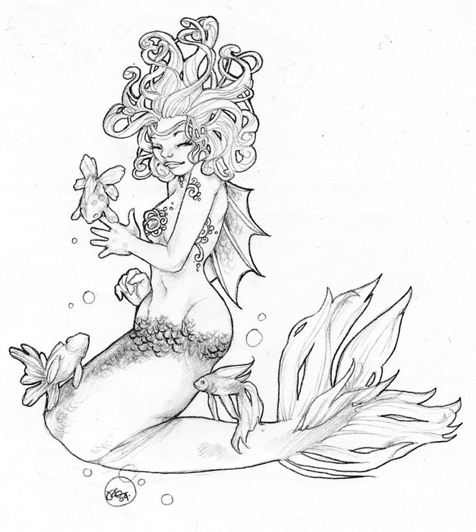 Cheerful grey-ink sitting mermaid and diving fishes tattoo design