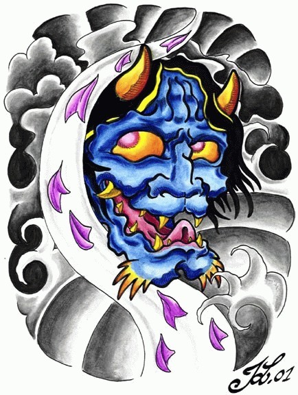 Cheerful japanese demon with purple petals and grey clouds tattoo design