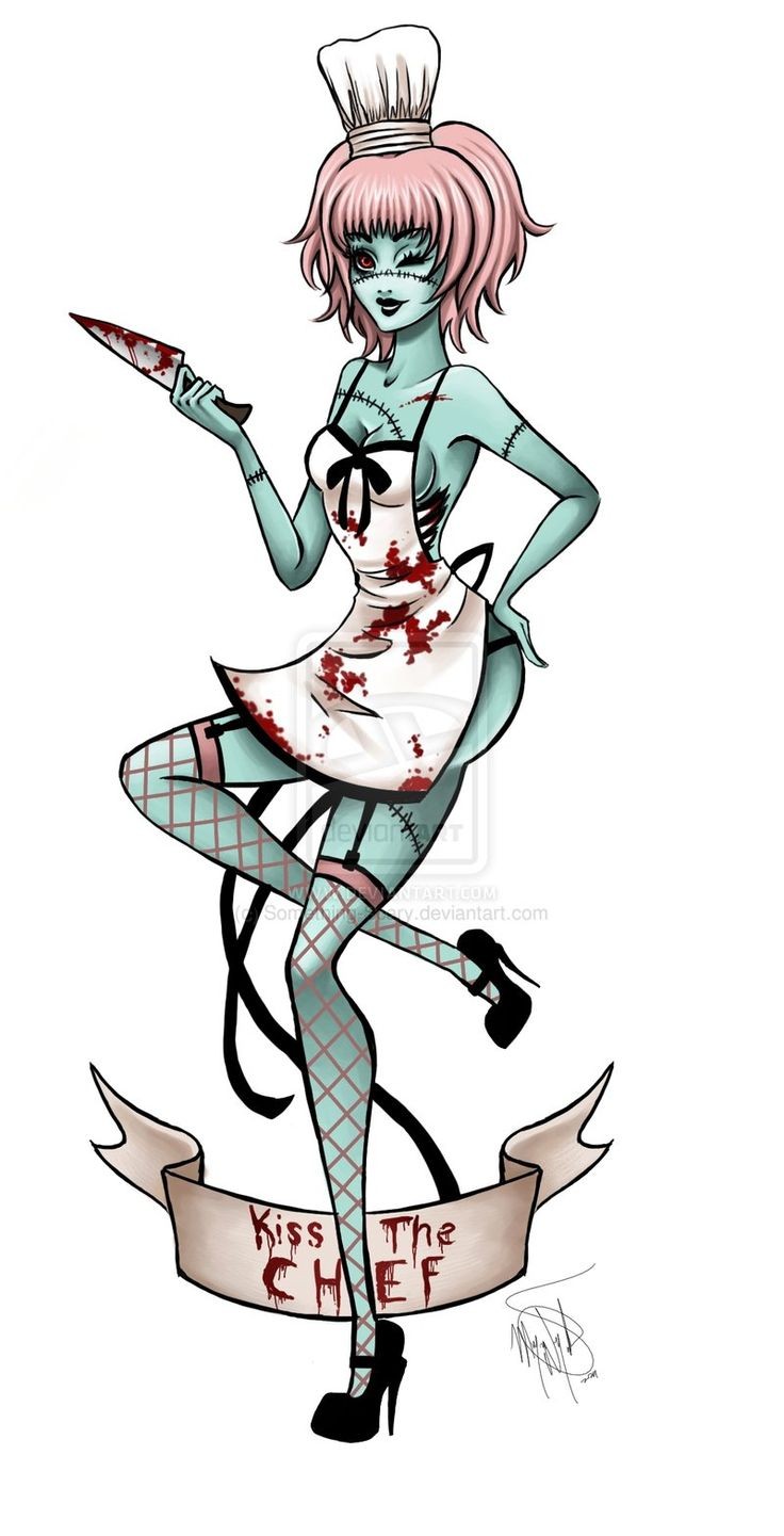 Cheerful pin up zombie nurse with a banner tattoo design
