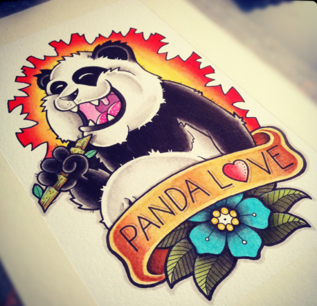 Cheerful traditional panda with banner and flower on brightful bakground tattoo design