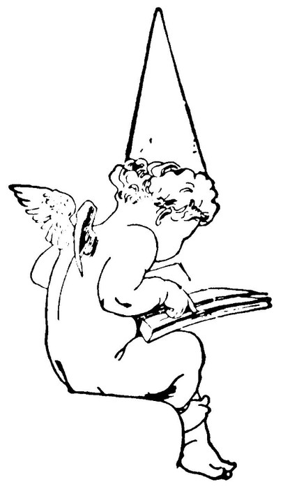 Cherub angel in a birthday cap reading a book tattoo design
