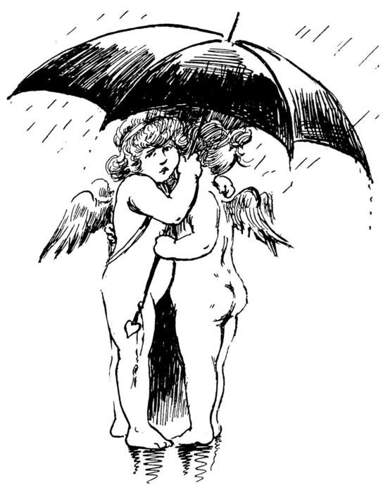 Amantes do anjo do querubim sob um projeto preto do tatuagem do guarda-chuva