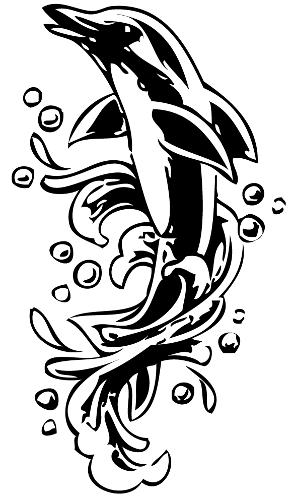 Chic black-and-white dolphin splashing in water tattoo design