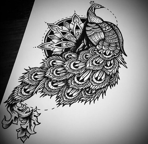 Chic black-and-white peacock on mandala bsckground tattoo design