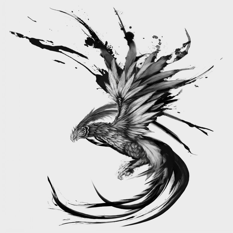 Chic grey flying phoenix with huge splashed wings tattoo design
