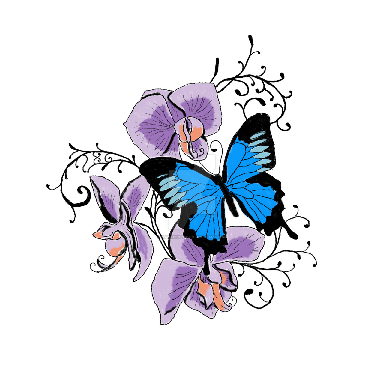 Chic purple orchids and bright blue butterfly tattoo design by Enviedesigns