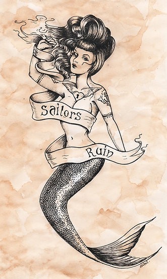 Chic tattooed old school mermaid with curled banner tattoo design