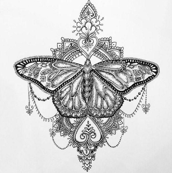Chic uncolorec butterfly with traditional folk ornament tattoo design