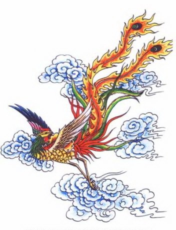 Chinese-style phoenix falling on blue clouds background tattoo design