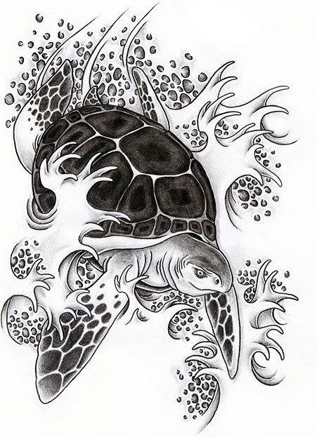 Chinese turtle splashing in waves tattoo design