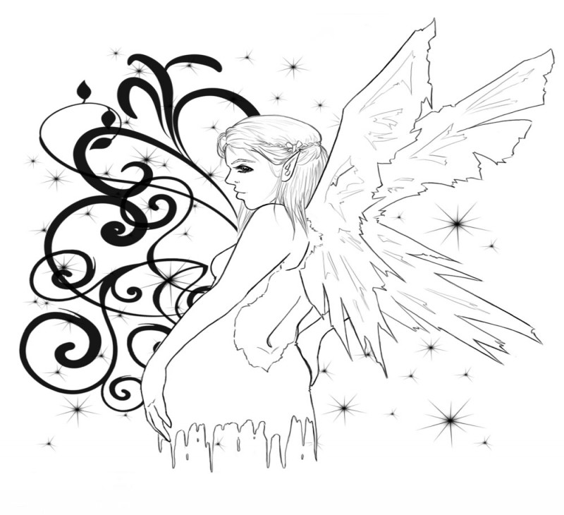 Classic outline fairy with black-ink curles tattoo design