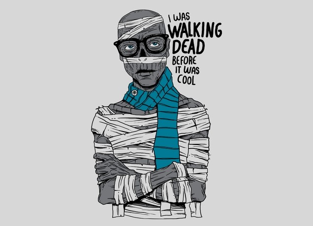 Clever bandaged zombie hipster with black lettering tattoo design