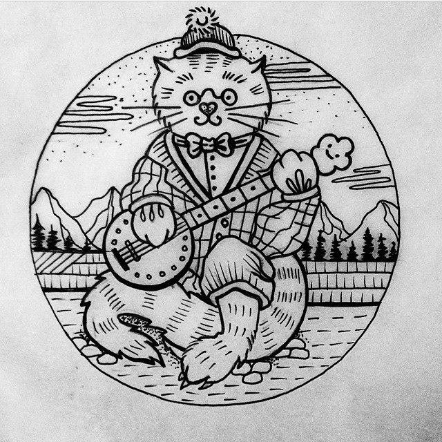 Closed cat playing a guitar on mountains background tattoo design