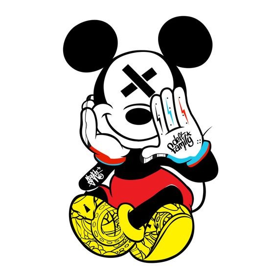 Colored Mickey Mouse with croossed eyes in sitting pose tattoo design