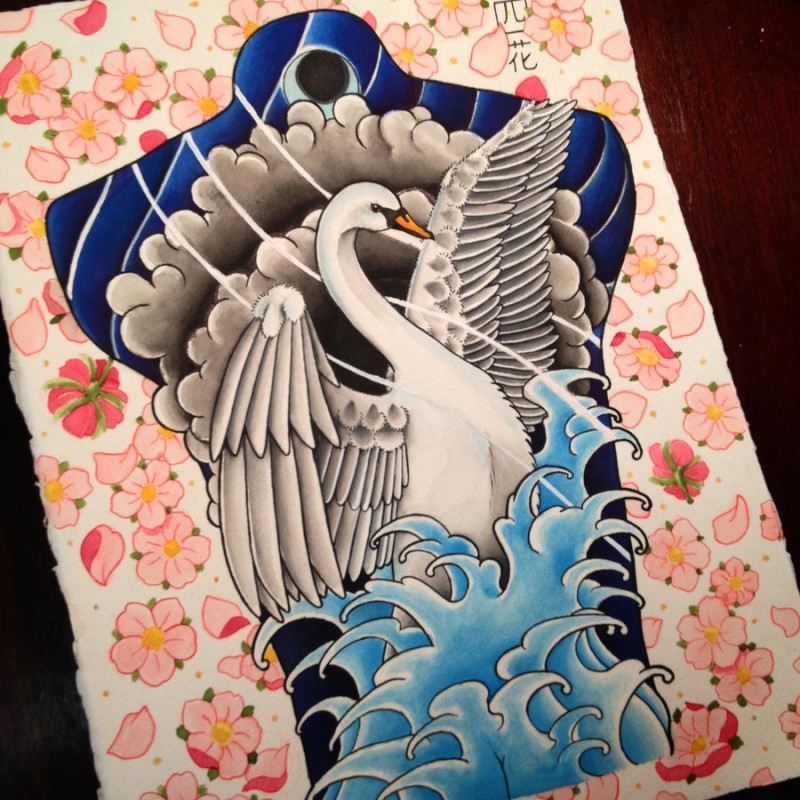 Colored chinese style swan in water tattoo design for back by Jopielee