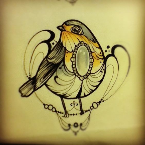 Colored gem-decorated sparrow tattoo design