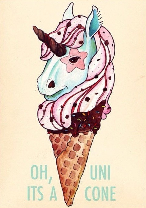 Colored ice cream unicorn with blue printed lettering tattoo design