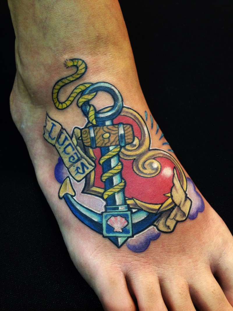 Colored old school anchor with cute huge red heart tattoo on foot