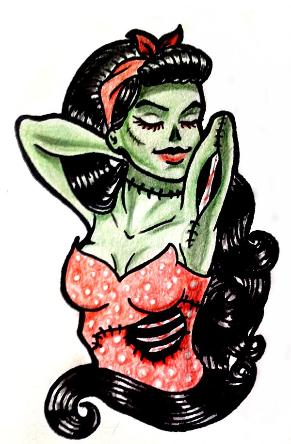 Colored pin up zombie girl in a pink dress tattoo design by Gabchik