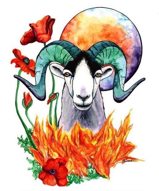 Colored ram in fire with poppies and full moon tattoo design