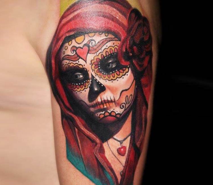 Colored santa muerte tattoo by Dave Paulo