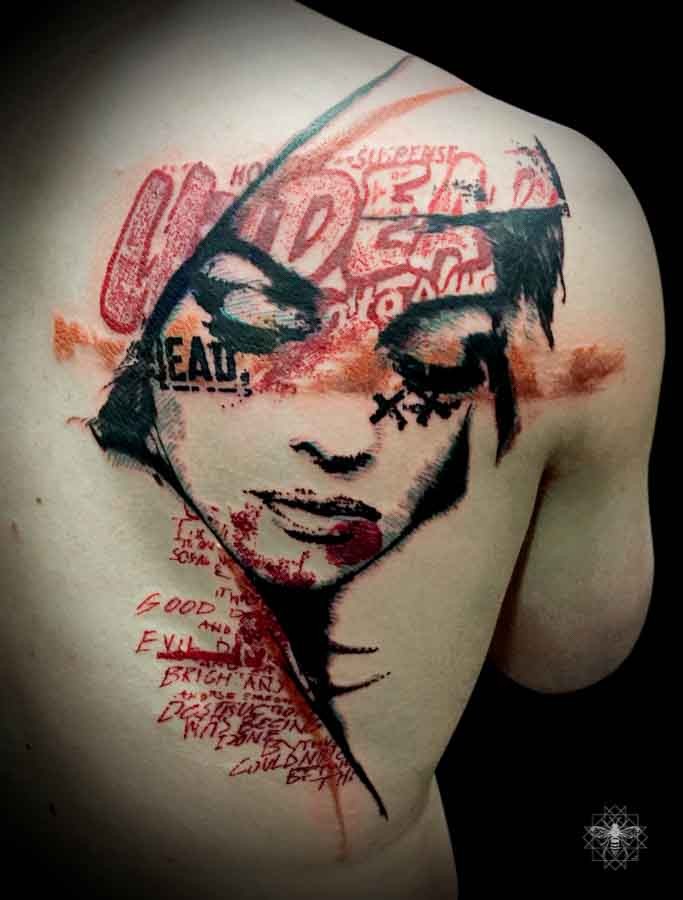 Colored tattoo of woman face combined with graffity