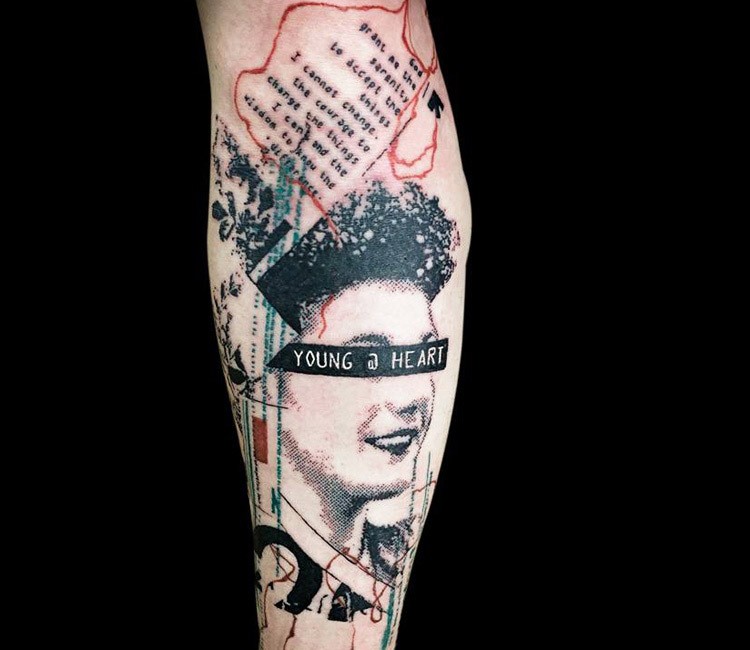 Tatuagem de braço estilo colorido lixo polca de mulher portraint combinada com letras