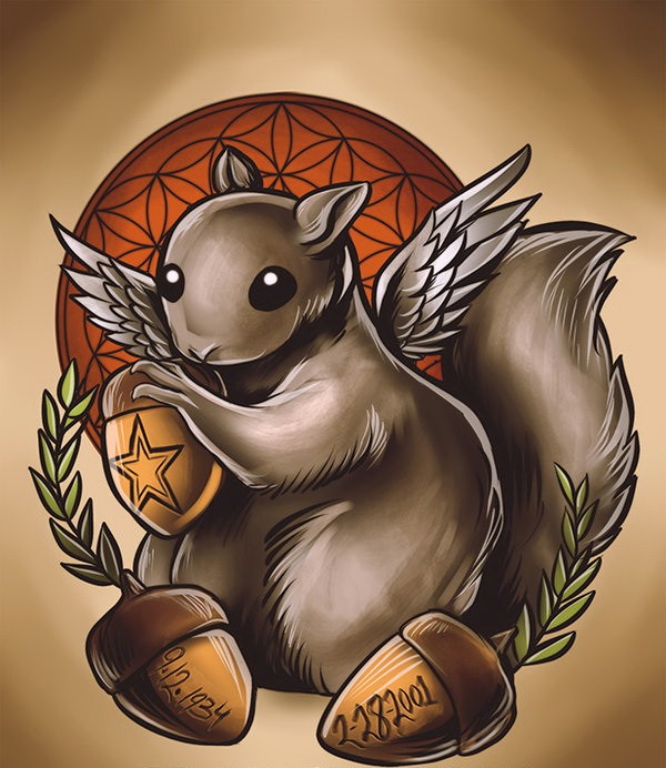 Colored winged squirrel with printed acorns on mandala background tattoo design by Retkikosmos