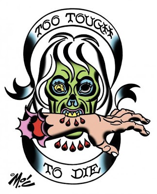 Colored zombie girl head biting a humans hand tattoo design
