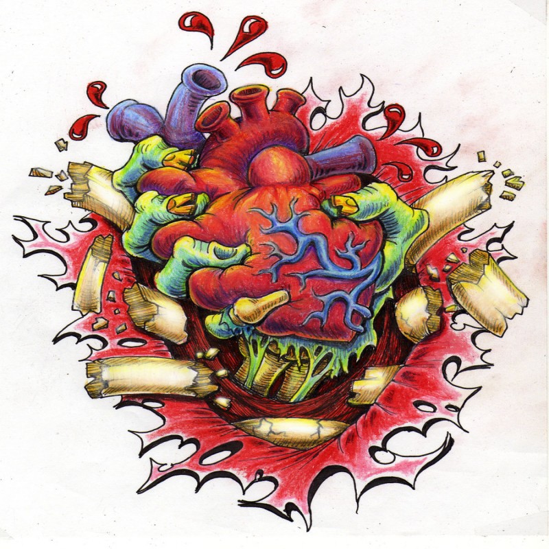 Mãos de zumbi coloridas mantendo um coração em sangue e ossos mash tatuagem projeto por Shuriken1116