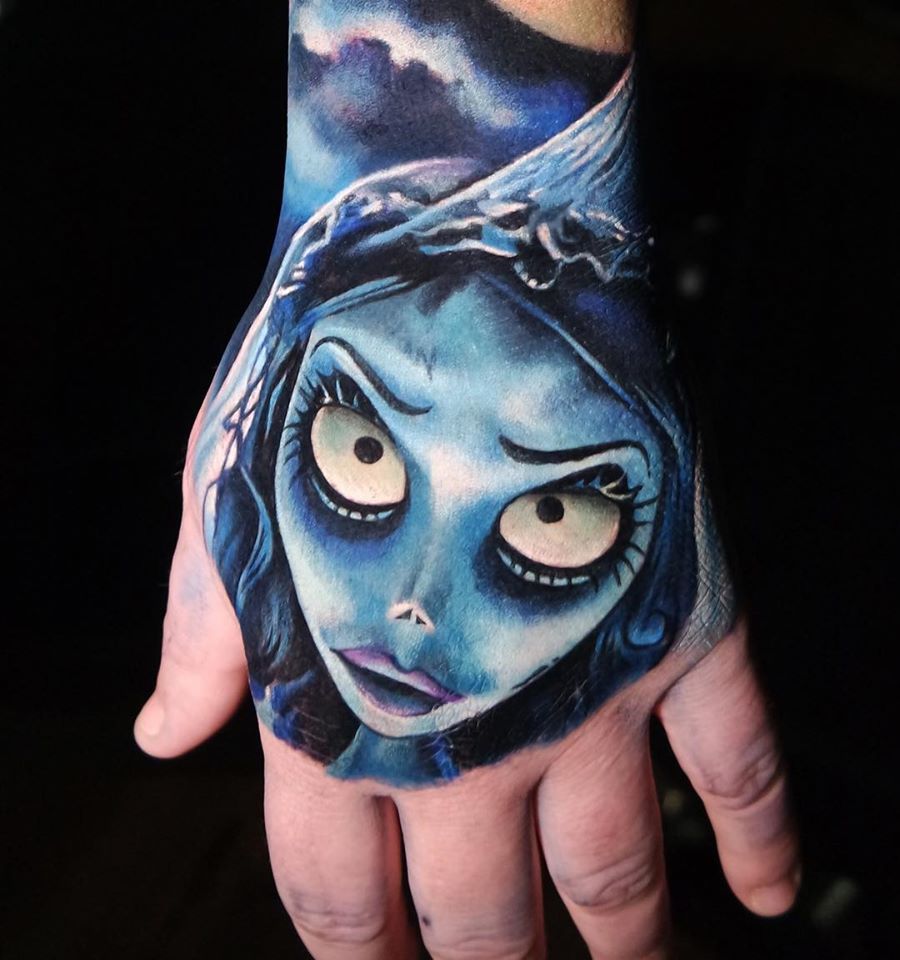 Colorful Corpse Bride on wrist tattoo