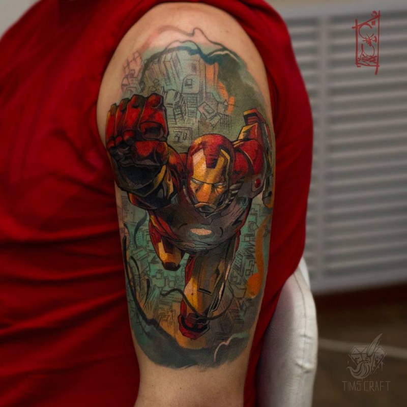Colorful Ironman tattoo on shoulder