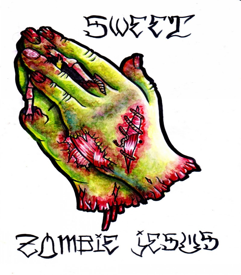 Colorful Jesus zombie praying hands with hebrew letterings tattoo design