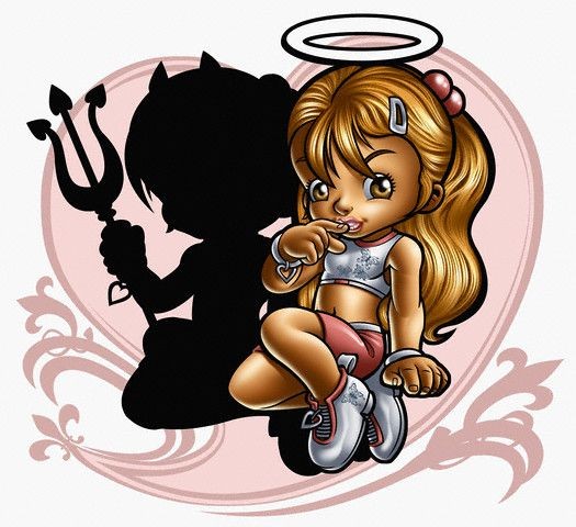 Menina de anjo animado colorido com design de tatuagem de sombra negra diabo