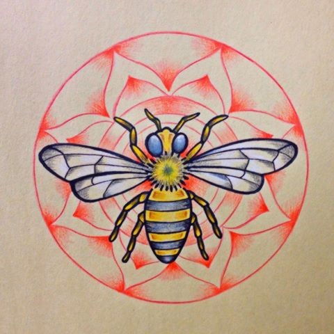 Colorful blue-eyed bee on red flowered circle background tattoo design