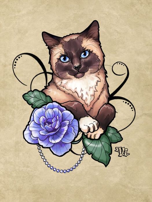 Colorful blue-eyed cat and blue rose with curles tattoo design