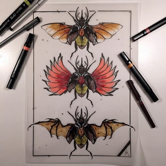 Colorful bug with bird and bat wings tattoo design