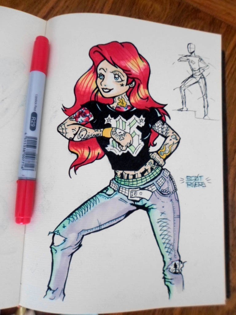 Colorful cartoon tattooed mermaid in jeans and T-shirt tattoo design by Rivers Studio86