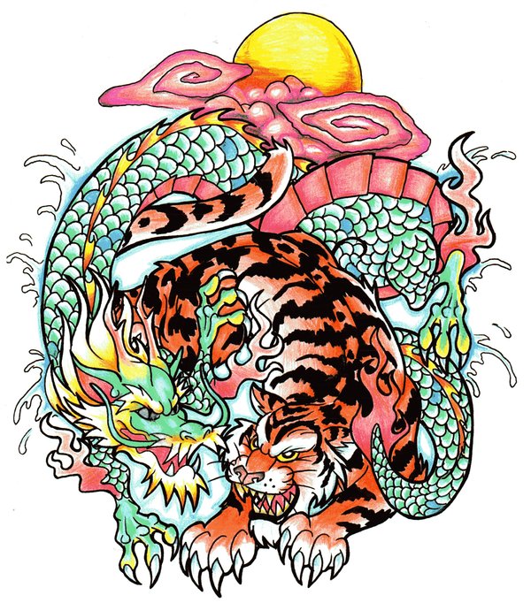 Colorful chinese dragon and tiger fight by Almigh T