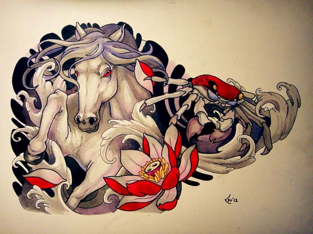 Colorful chinese red-eyed horse with lotus and crab tattoo design