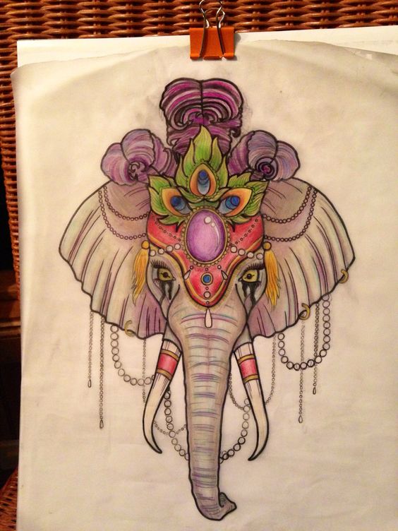 Colorful circus crying elephant tattoo design
