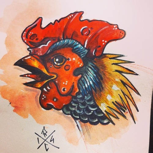 Colorful crying rooster head tattoo design