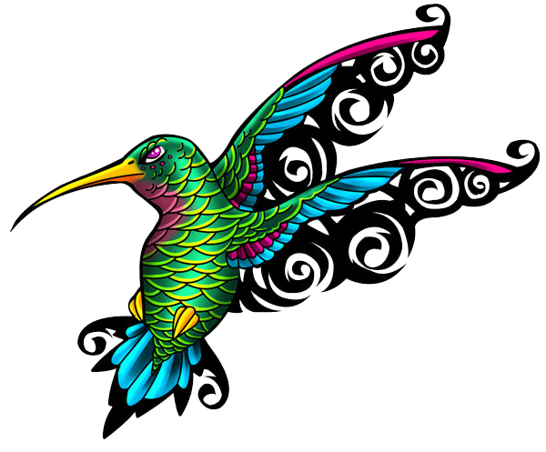 Colorful curled-winged hummingbird tattoo design