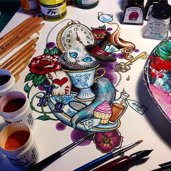 Colorful detailed cheshire cat tattoo design