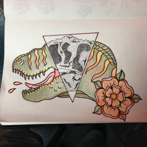 Colorful dinosaur and rose with dotwork style triangle element tattoo design