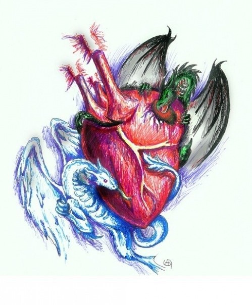 Colorful drawing dragons and huge human heart tattoo design