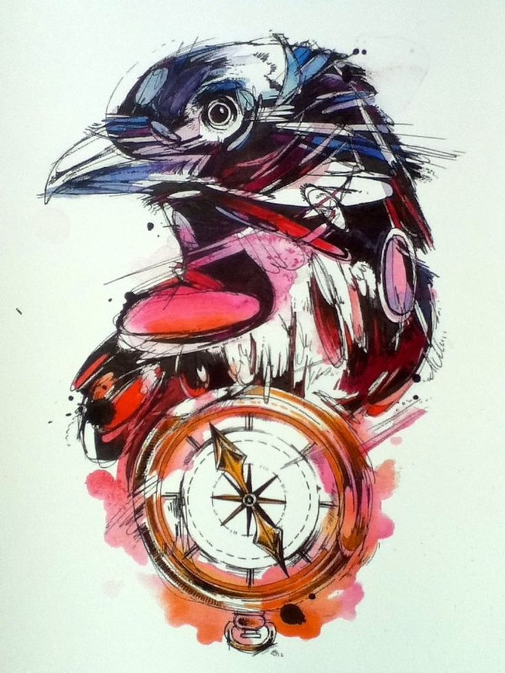 Colorful drawn raven portrait and watch tattoo design