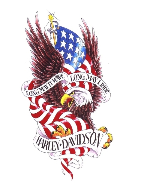 Colorful eagle with american flag and harley davidson banner tattoo design